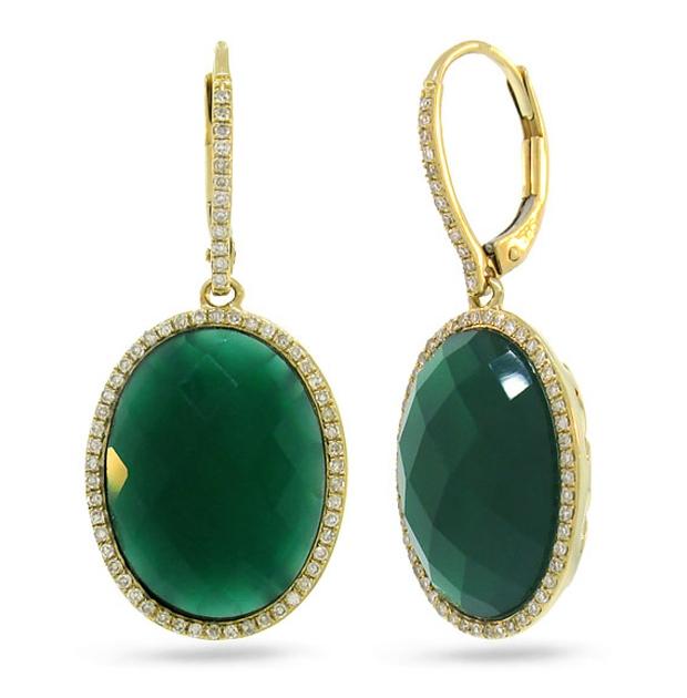 0.38 Ctw Diamond And 14.25 Ctw Green Agate 14k Yellow Gold Earring