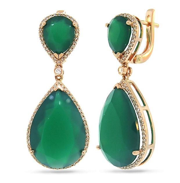 0.55 Ctw Diamond And 25.66 Ctw Green Agate 14k Rose Gold Earring