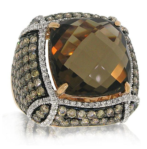 3.51 Ctw White And Champagne Diamond And 14.56 Ctw Smokey Topaz 14k Rose Gold Ring