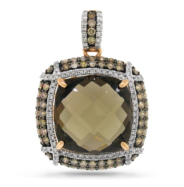 1.70 Ctw White And Champagne Diamond And 13.42 Ctw Smokey Topaz 14k Rose Gold Pendant Necklace With 18 Inch Chain