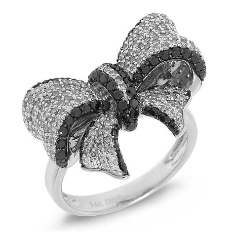 1.55 Ctw 14k White Gold Black And White Diamond Ribbon Bow Ring