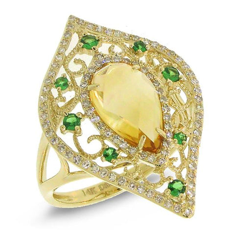 0.36 Ctw Diamond And 2.15 Ctw Citrine And 0.20 Ctw Green Garnet 14k Yellow Gold Ring