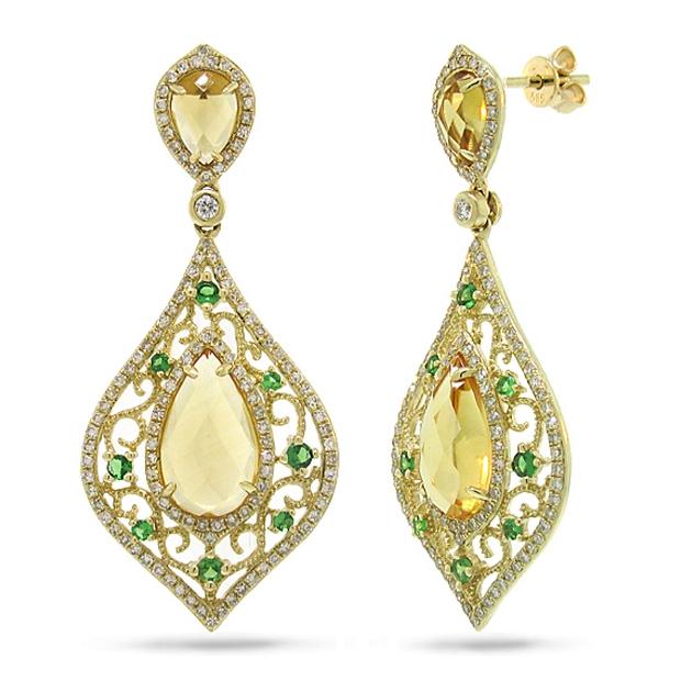 0.96 Ctw Diamond And 5.62 Ctw Citrine And 0.41 Ctw Green Garnet 14k Yellow Gold Earring