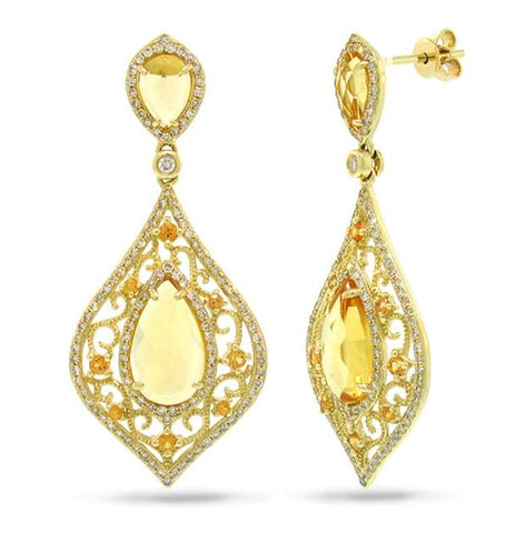 0.96 Ctw Diamond And 5.62 Ctw Citrine And 0.46 Ctw Yellow Sapphire 14k Yellow Gold Earring