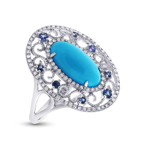 0.37 Ctw Diamond And 2.96 Ctw Composite Turquoise And 0.25 Ctw Blue Sapphire 14k White Gold Ring