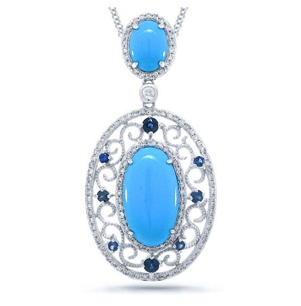 0.53 Ctw Diamond And 5.16 Ctw Composite Turquoise And 0.38 Ctw Blue Sapphire 14k White Gold Pendant Necklace With 18 Inch Chain