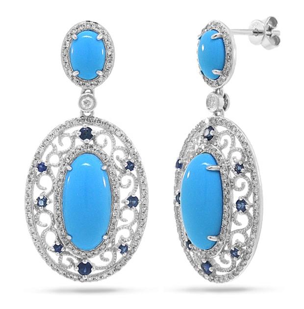 0.96 Ctw Diamond And 7.23 Ctw Composite Turquoise And 0.48 Ctw Blue Sapphire 14k White Gold Earring