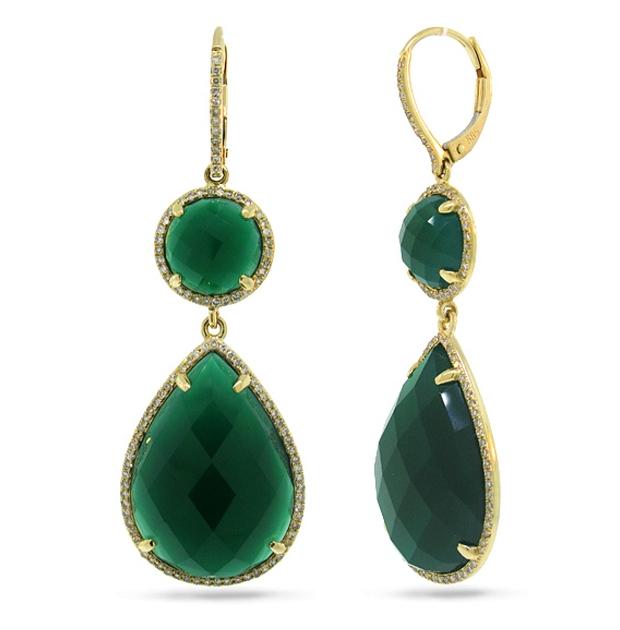 0.68 Ctw Diamond And 31.19 Ctw Green Agate 14k Yellow Gold Earring