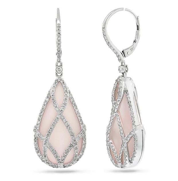 1.31 Ctw Diamond And 23.52 Ctw Rose Quartz 14k White Gold Earring