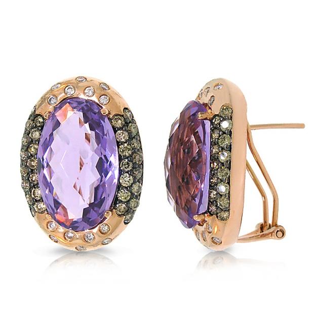 1.78 Ctw White And Champagne Diamond And 18.57 Ctw Amethyst 14k Rose Gold Earring