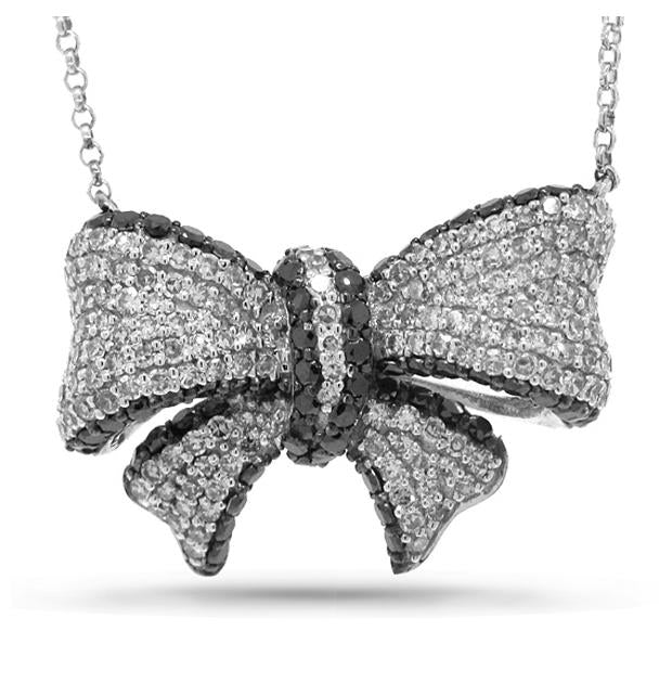 1.69 Ctw 14k White Gold Black And White Diamond Ribbon Bow Necklace