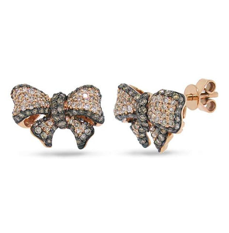 0.90 Ctw 14k Rose Gold White And Champagne Diamond Ribbon Bow Earring