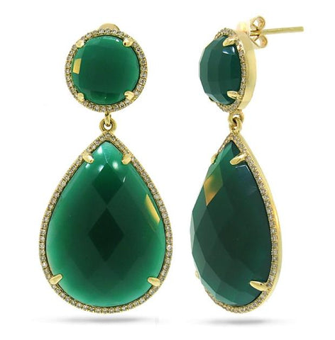 0.65 Ctw Diamond And 38.35 Ctw Green Agate 14k Yellow Gold Earring