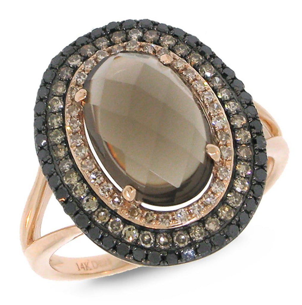 0.60 Ctw White, Champagne And Black Diamond And 2.93 Ctw Smokey Topaz 14k Rose Gold Ring