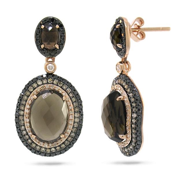 1.09 Ctw White, Champagne And Black Diamond And 6.47 Ctw Smokey Topaz 14k Rose Gold Earring