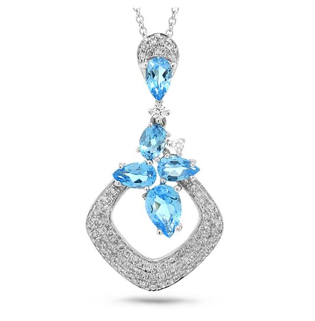 0.33 Ctw Diamond And 1.41 Ctw Blue Topaz 14k White Gold Pendant Necklace With 18 Inch Chain