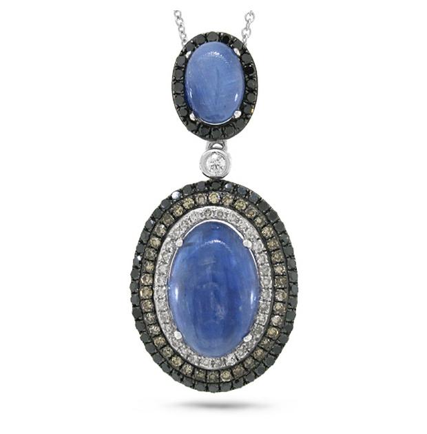 0.70 Ctw White, Champagne And Black Diamond And 6.08 Ctw Kyanite 14k White Gold Pendant Necklace With 18 Inch Chain