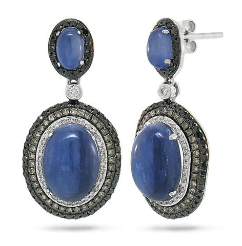 1.09 Ctw White, Champagne And Black Diamond And 10.49 Ctw Kyanite 14k White Gold Earring