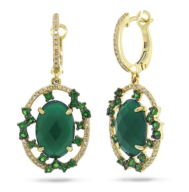 0.27 Ctw Diamond And 6.27 Ctw Green Agate And Green Garnet 14k Yellow Gold Earring