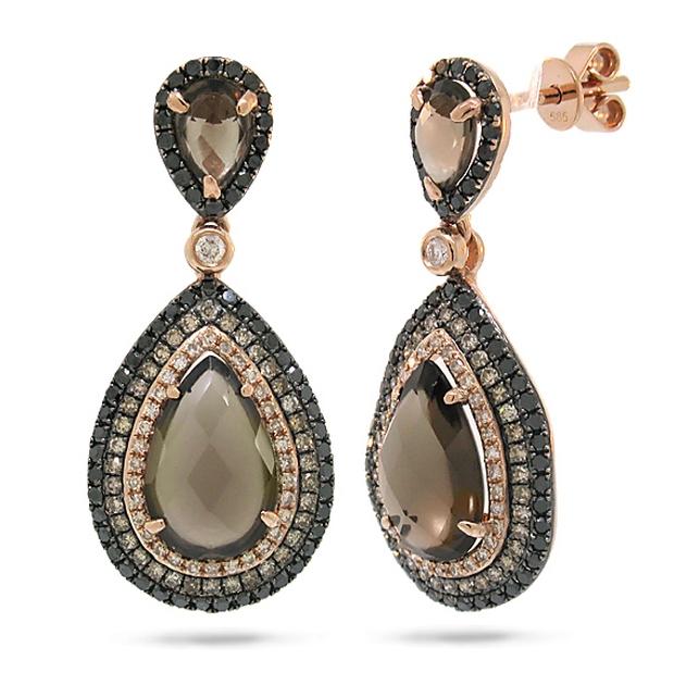 1.03 Ctw White, Champagne And Black Diamond And 4.31 Ctw Smokey Topaz 14k Rose Gold Earring