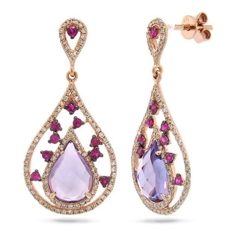 0.60 Ctw Diamond And 3.54 Ctw Amethyst And Pink Sapphire 14k Rose Gold Earring