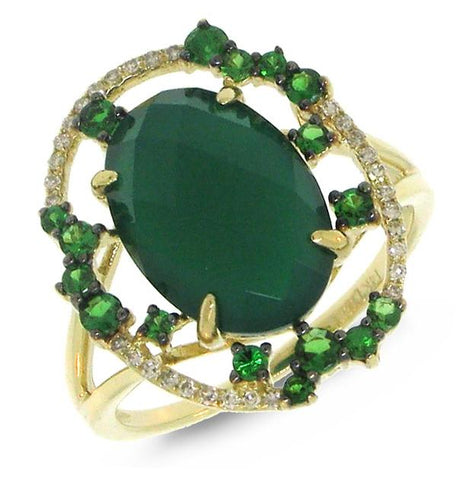 0.09 Ctw Diamond And 4.31 Ctw Green Agate And Green Garnet 14k Yellow Gold Ring