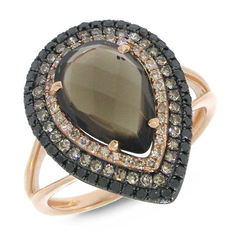 0.58 Ctw White, Champagne And Black Diamond And 2.76 Ctw Smokey Topaz 14k Rose Gold Ring