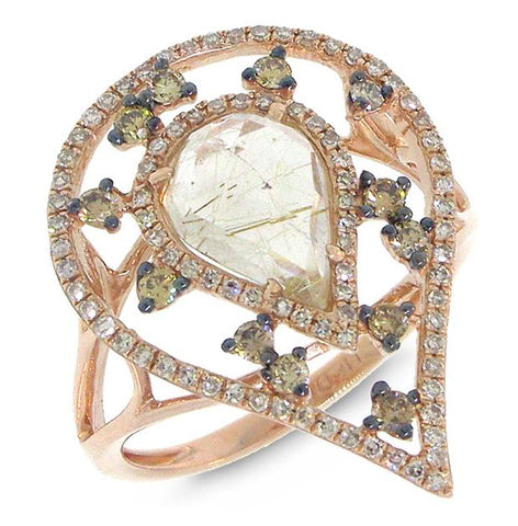 0.47 Ctw White And Champagne Diamond And 1.55 Ctw Golden Line Quartz 14k Rose Gold Ring