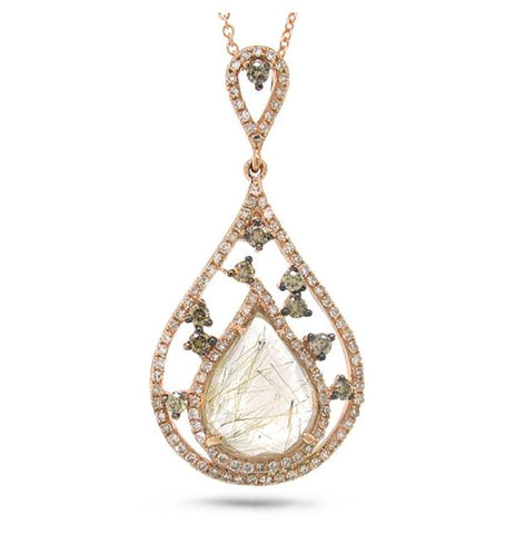 0.44 Ctw White And Champagne Diamond And 2.42 Ctw Golden Line Quartz 14k Rose Gold Pendant Necklace With 18 Inch Chain