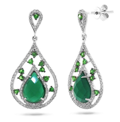 0.60 Ctw Diamond And 3.50 Ctw Green Agate And Green Garnet 14k White Gold Earring