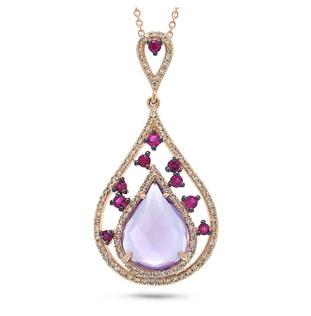 0.34 Ctw Diamond And 2.62 Ctw Amethyst And Pink Sapphire 14k Rose Gold Pendant Necklace With 18 Inch Chain