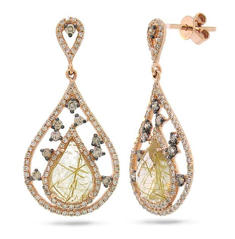 0.93 Ctw White And Champagne Diamond And 3.26 Ctw Golden Line Quartz 14k Rose Gold Earring