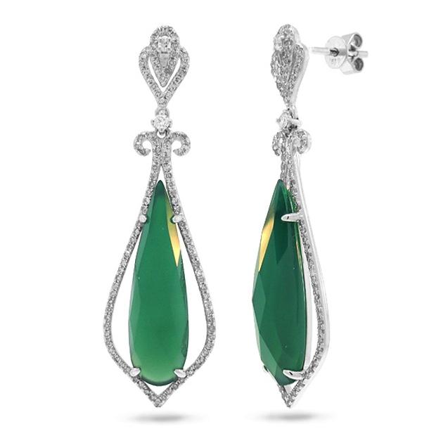 0.67 Ctw Diamond And 10.34 Ctw Green Agate 14k White Gold Earring