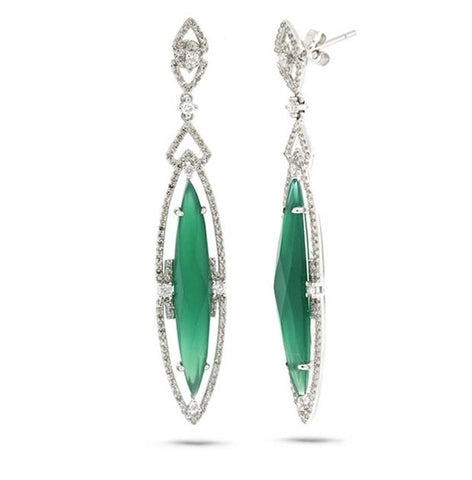 1.02 Ctw Diamond And 7.49 Ctw Green Agate 14k White Gold Earring