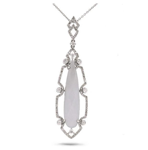 0.50 Ctw Diamond And 7.87 Ctw Blue Chalcedony 14k White Gold Pendant Necklace With 18 Inch Chain