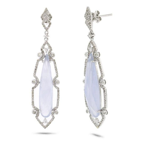 0.90 Ctw Diamond And 9.92 Ctw Blue Chalcedony 14k White Gold Earring