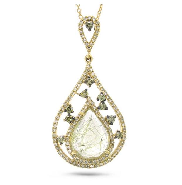 0.55 Ctw White And Champagne Diamond And 2.42 Ctw Golden Line Quartz 14k Yellow Gold Pendant Necklace With 18 Inch Chain