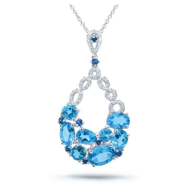 0.20 Ctw Diamond And 3.63 Ctw Blue Topaz And Blue Sapphire 14k White Gold Pendant Necklace With 18 Inch Chain