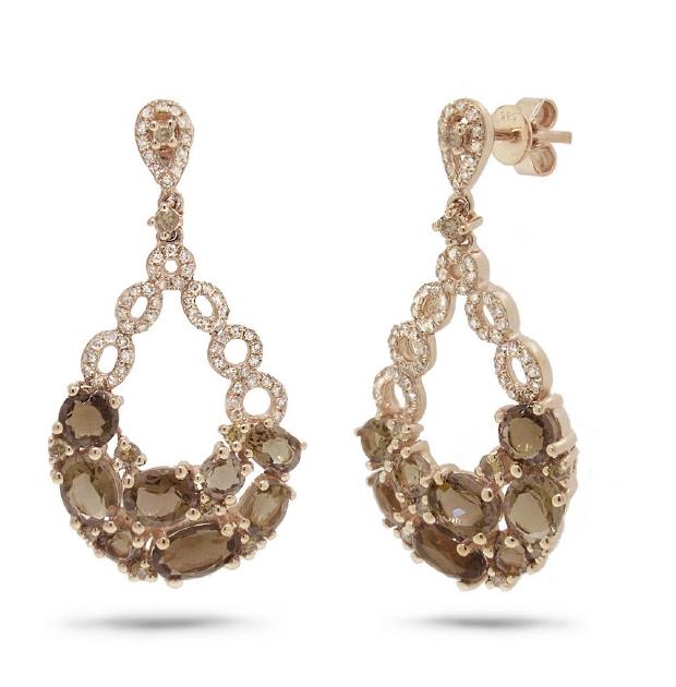 0.66 Ctw White And Champagne Diamond And 3.65 Ctw Smokey Topaz 14k Rose Gold Earring