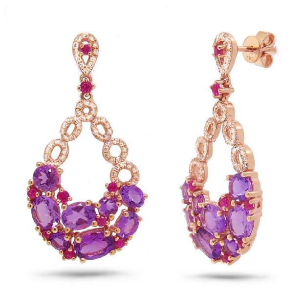 0.39 Ctw Diamond And 3.88 Ctw Amethyst And Pink Sapphire 14k Rose Gold Earring