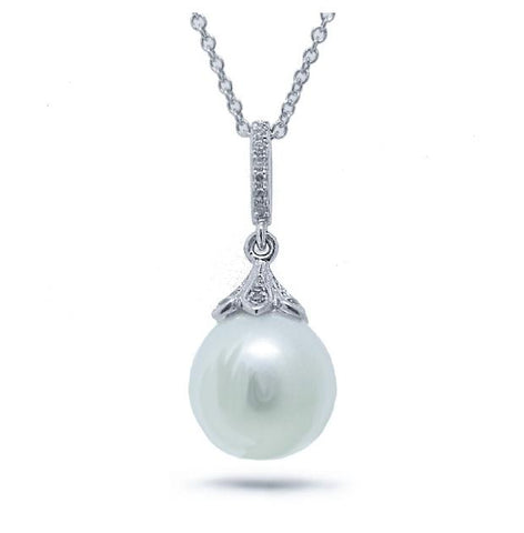 0.06 Ctw 14k White Gold Diamond And Pearl Pendant Necklace With 18 Inch Chain