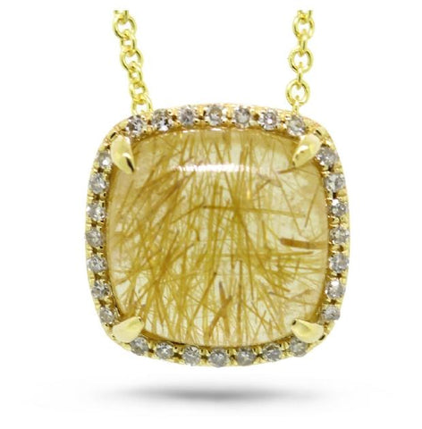 0.09 Ctw Diamond And 3.21 Ctw Golden Line Quartz 14k Yellow Gold Pendant Necklace With 18 Inch Chain