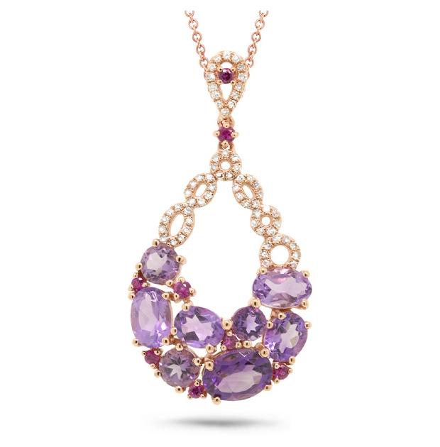 0.20 Ctw Diamond And 3.09 Ctw Amethyst And Pink Sapphire 14k Rose Gold Pendant Necklace With 18 Inch Chain