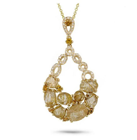 0.20 Ctw Diamond And 2.97 Ctw Golden Line Quartz And Yellow Sapphire 14k Yellow Gold Pendant Necklace With 18 Inch Chain