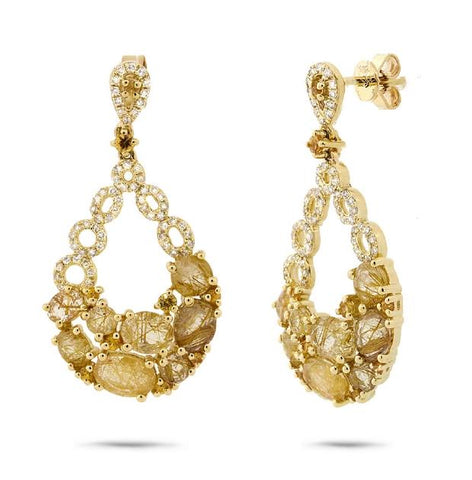 0.39 Ctw Diamond And 3.74 Ctw Golden Line Quartz And Yellow Sapphire 14k Yellow Gold Earring