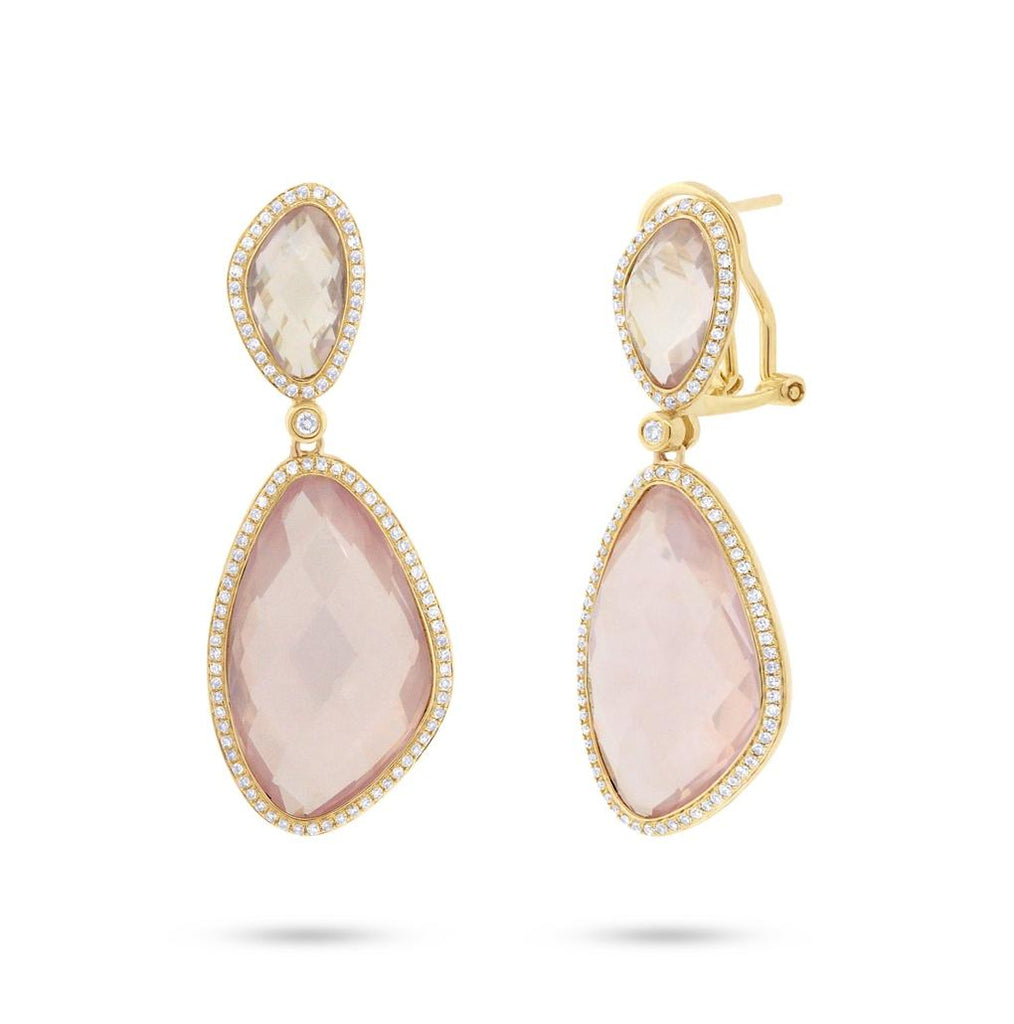 0.62 Ctw Diamond And 29.07 Ctw Rose Quartz 14k Yellow Gold Earring