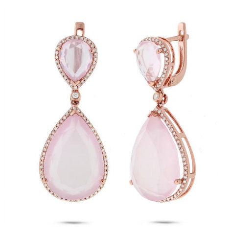 0.55 Ctw Diamond And 29.53 Ctw Rose Quartz 14k Rose Gold Earring