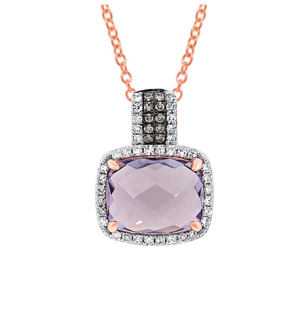 0.23 Ctw White And Champagne Diamond And 3.08 Ctw Amethyst Rose Gold Pendant Necklace With 18 Inch Chain