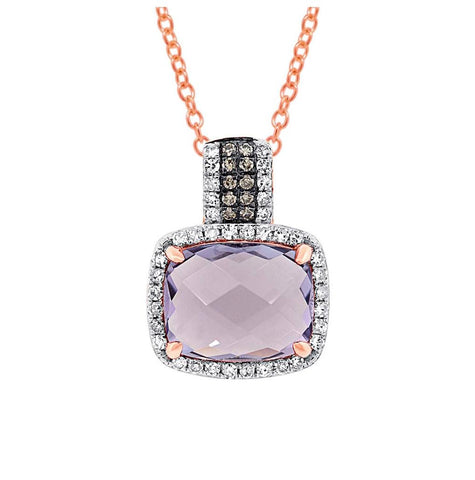 0.23 Ctw White And Champagne Diamond And 3.08 Ctw Amethyst Rose Gold Pendant Necklace With 18 Inch Chain