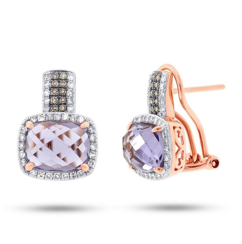 0.43 Ctw White And Champagne Diamond And 4.43 Ctw Amethyst Rose Gold Earring